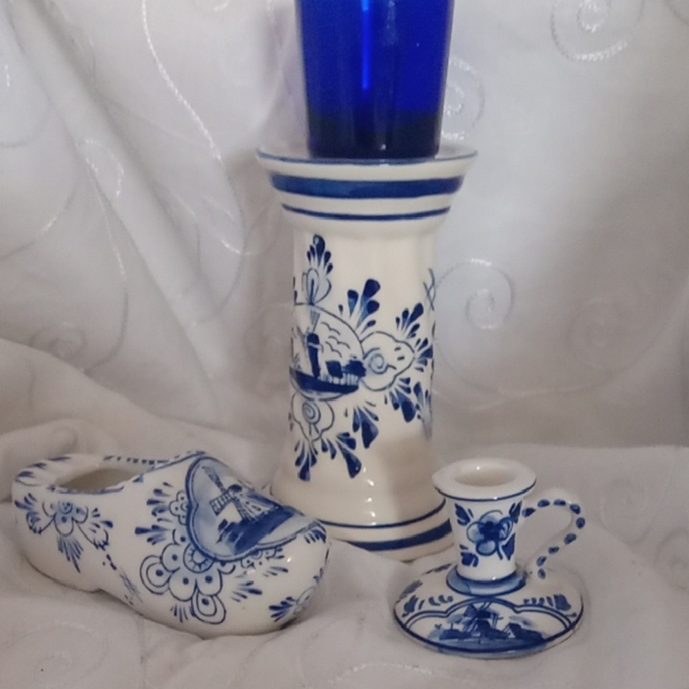 2 Delf Blue Candle Holders,1 Cobalt Votive And 1 Delf Blue Ashtray